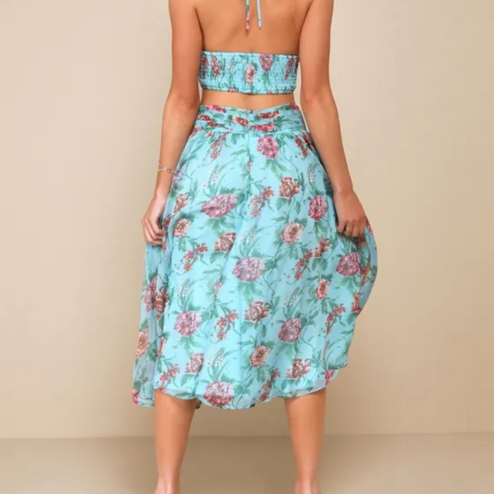 Lulus XL Blue Floral Halter Midi Dress NWT Romantic O-Ring Open Back Chiffon NWT - Picture 4 of 6